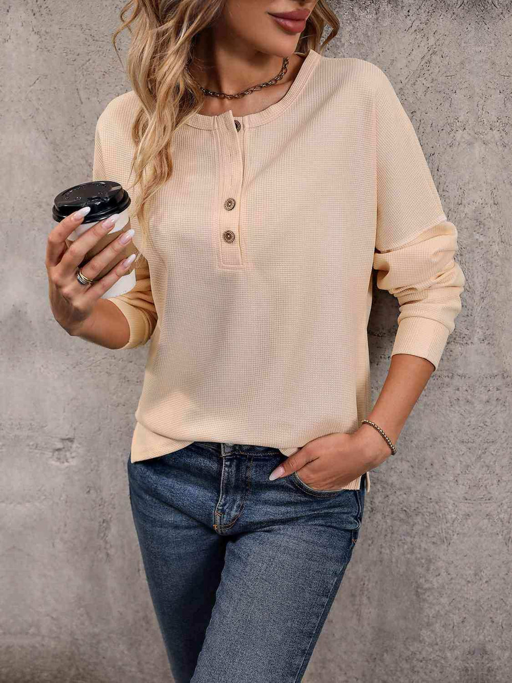Round Neck Buttoned Slit Long Sleeve Top - Trendsi - Flyclothing LLC