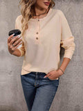 Round Neck Buttoned Slit Long Sleeve Top - Trendsi - Flyclothing LLC