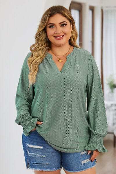 Plus Size Eyelet Notched Flounce Sleeve Blouse - Trendsi - Flyclothing LLC