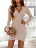 V-Neck Long Sleeve Ribbed Dress - Trendsi - Flyclothing LLC