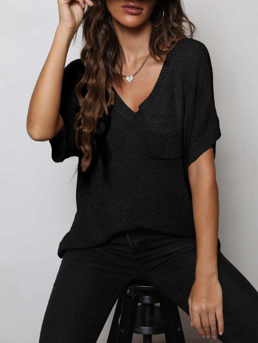 V-Neck Slit High-Low Knit Top - Trendsi - Flyclothing LLC
