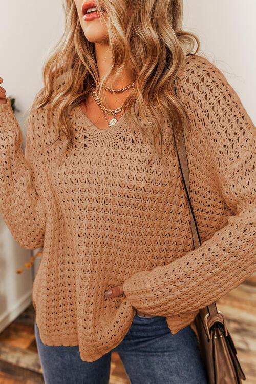 Openwork Round Neck Long Sleeve Sweater - Trendsi - Flyclothing LLC