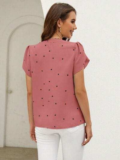 Heart Print Notched Petal Sleeve Blouse - Trendsi - Flyclothing LLC