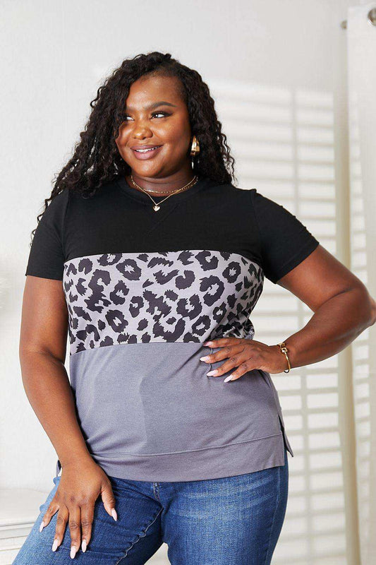Double Take Leopard Print Color Block Short Sleeve T-Shirt - Trendsi - Flyclothing LLC