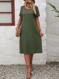 Round Neck Short Sleeve Dress with Pockets - Trendsi - Flyclothing LLC
