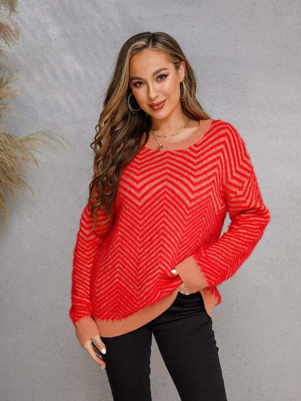 Round Neck Long Sleeve Sweater - Trendsi - Flyclothing LLC