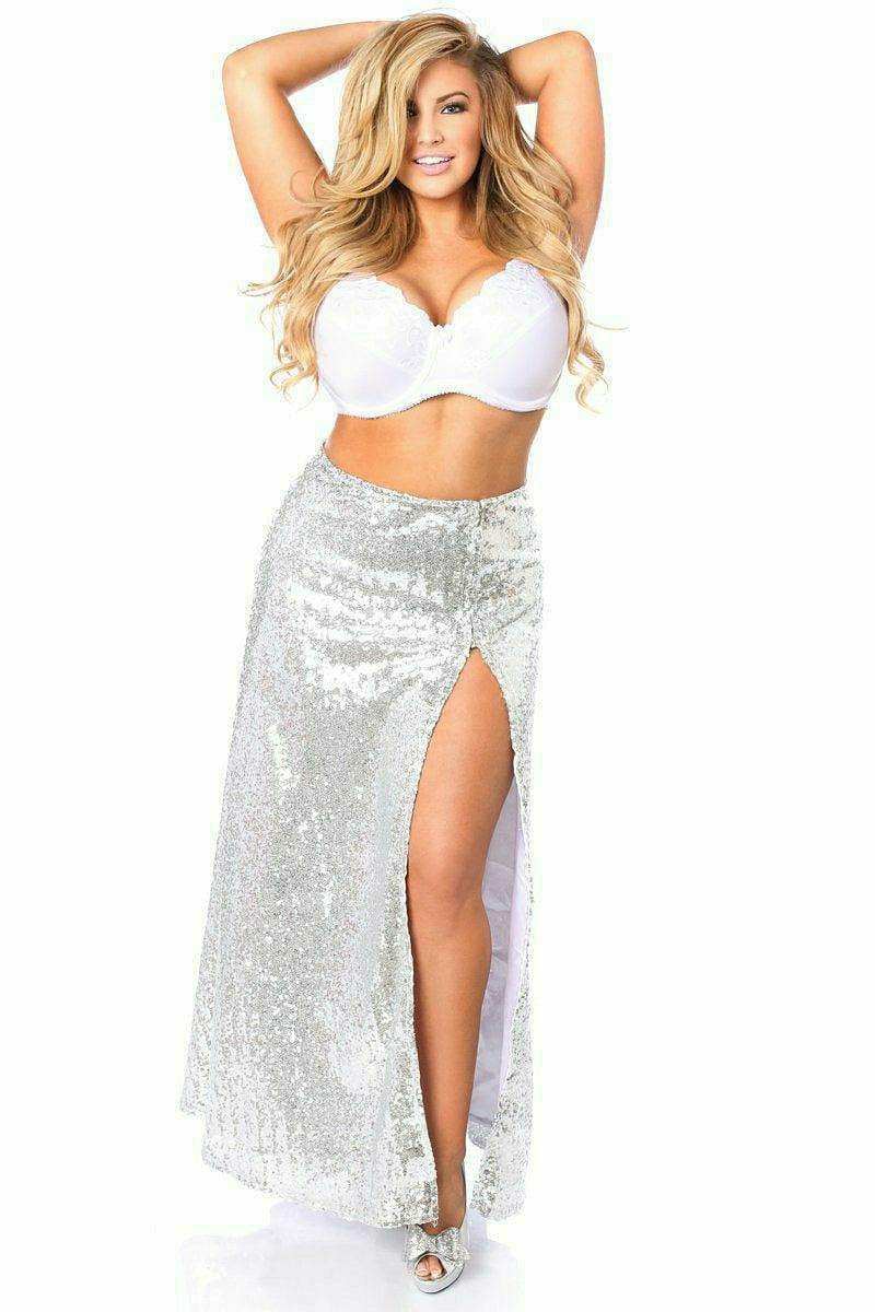 Daisy Corsets Top Drawer Long Silver Sequin Skirt - Daisy Corsets - Flyclothing LLC