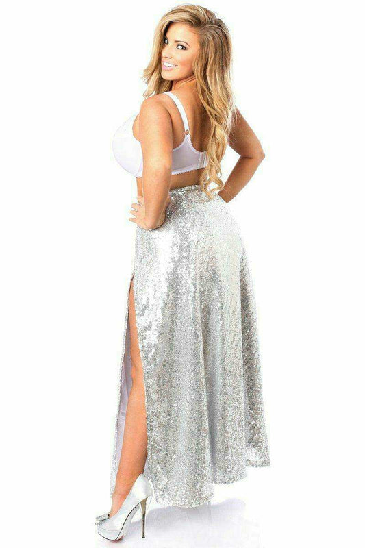 Daisy Corsets Top Drawer Long Silver Sequin Skirt - Daisy Corsets - Flyclothing LLC