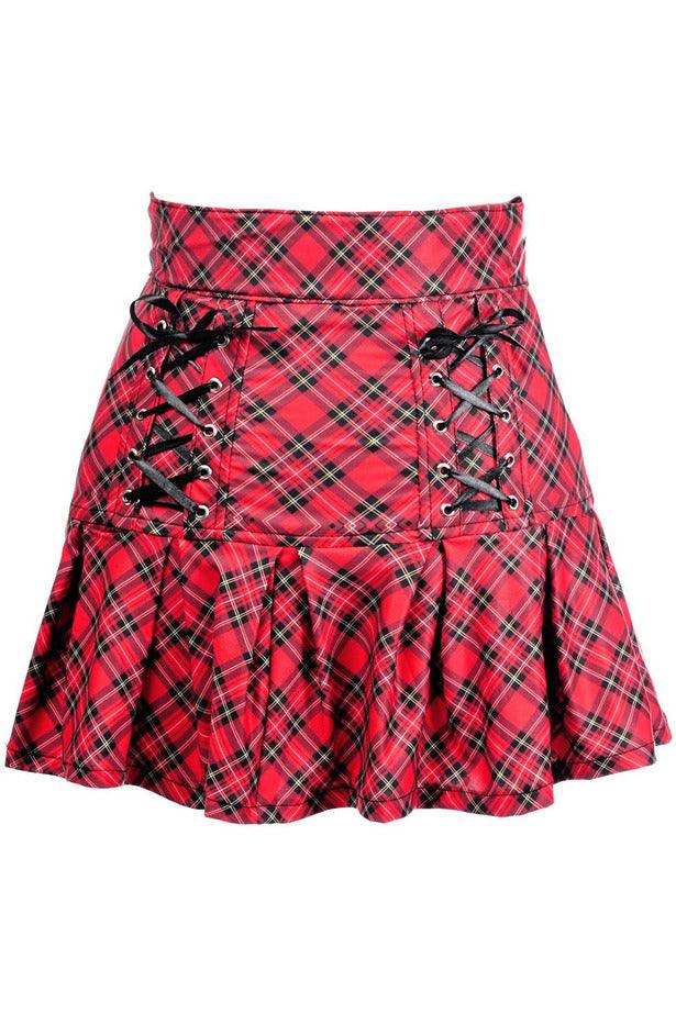 Daisy Corsets Red Plaid Lace-Up Stretch Lycra Skirt - Daisy Corsets - Flyclothing LLC