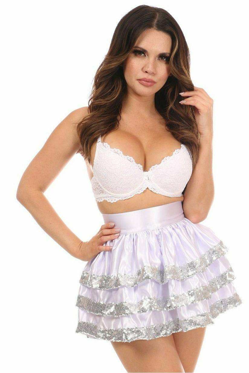 Daisy Corsets White/Silver Sequin 3 Layer Skirt - Daisy Corsets - Flyclothing LLC