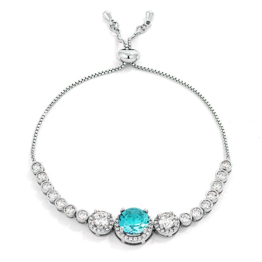 Adjustable Rhodium Plated Graduated Aqua CZ Bolo Style Tennis Bracelet - JGI - Flyclothing LLC