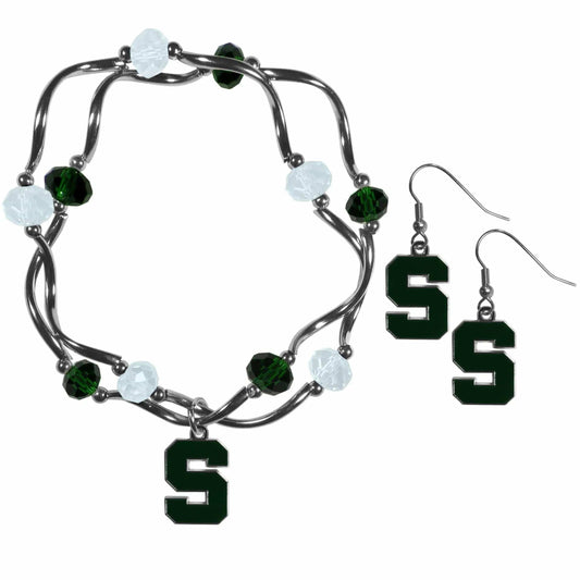 Michigan St. Spartans Dangle Earrings and Crystal Bead Bracelet Set - Siskiyou Buckle - Flyclothing LLC