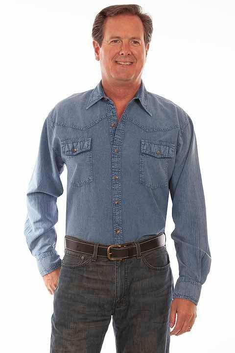 Scully Leather 100% Cotton Lt Washed Denim Men's Western Yoke/2 Pocket Shirt - Scully Leather - Flyclothing LLC