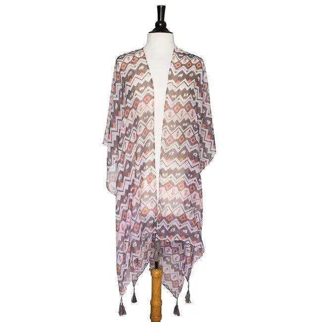 Grey Gena Geometric Print Shawl Cover Up With Tassels - JGI - Flyclothing LLC