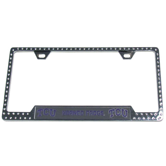 Our bling tag frame are the perfect balance of chrome and glitz. The chrome tag frame is framed in crystals with an enameled plate featuring the TCU Horned Frogs logo and name. - Flyclothing LLC