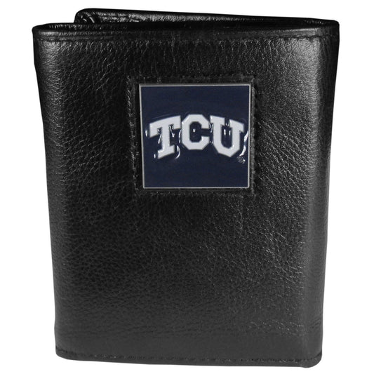 TCU Horned Frogs Deluxe Leather Tri-fold Wallet Packaged in Gift Box - Flyclothing LLC