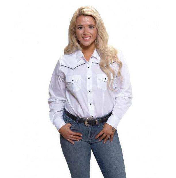 Cumberland Outfitters Ladies White W/ Black Piping Snap Shirt - Cumberland Outfitters - Flyclothing LLC