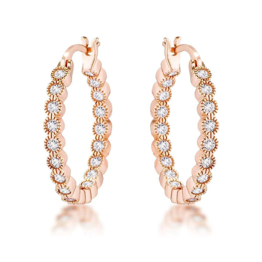 Rose Gold Plated Dotted Clear CZ Round Bezel Hoop Earrings - JGI - Flyclothing LLC