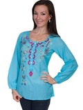 Scully TURQUOISE L/S BUTTON UP PEASANT BLOUSE W/EMB - Scully Leather - Flyclothing LLC