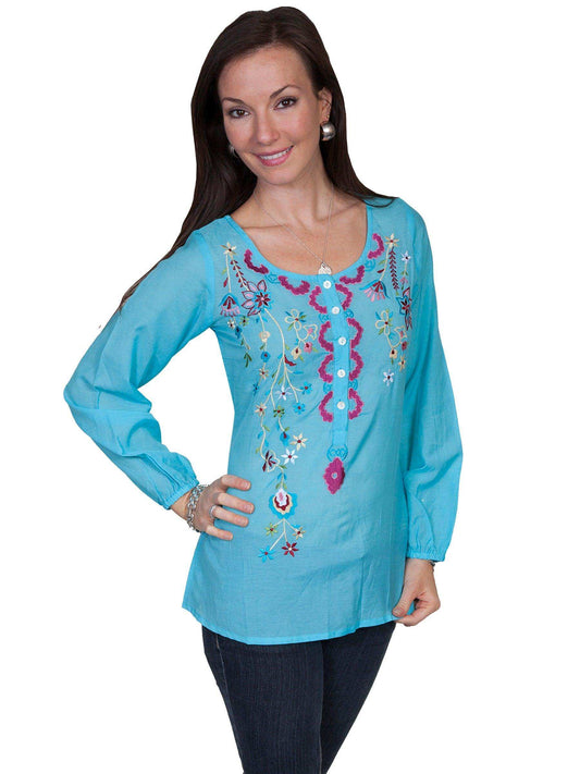 Scully TURQUOISE L/S BUTTON UP PEASANT BLOUSE W/EMB - Scully Leather - Flyclothing LLC