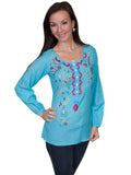 Scully TURQUOISE L/S BUTTON UP PEASANT BLOUSE W/EMB - Scully Leather - Flyclothing LLC
