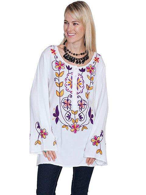Scully WHITE FLORAL EMB. BLOUSE W/BELL SLEEVES - Scully Leather - Flyclothing LLC