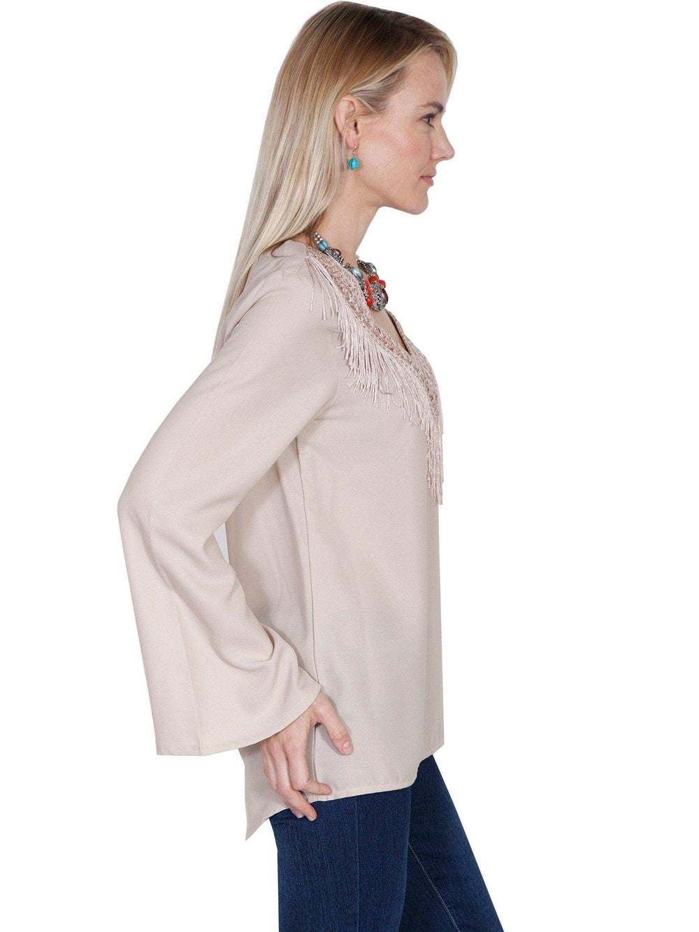 Scully STONE V-NECK BLOUSE W/FRINGE & BELLSLEEVES - Scully Leather - Flyclothing LLC