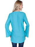 Scully TURQUOISE V-NECK BLOUSE W/FRINGE & BELLSLEEVES - Scully Leather - Flyclothing LLC