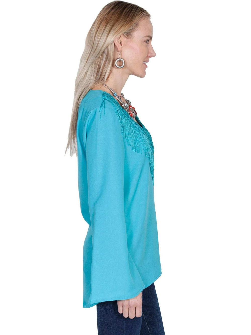 Scully TURQUOISE V-NECK BLOUSE W/FRINGE & BELLSLEEVES - Scully Leather - Flyclothing LLC