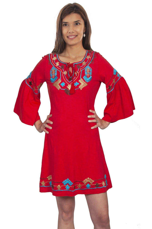 Scully Leather Coral Emb. Tulip Seeve Dress W/Neck Tie Women Dress - Scully Leather - Flyclothing LLC