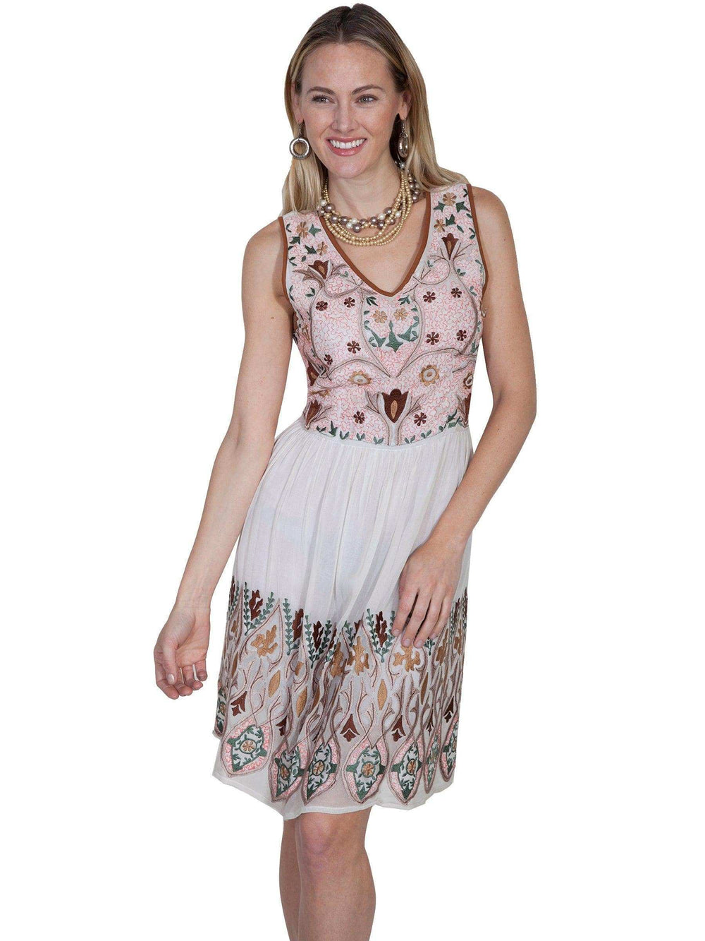 Scully IVORY V-NECK DRESS W/EMB BODICE/HEMLINE - Scully Leather - Flyclothing LLC