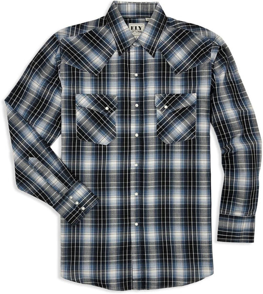 Ely Cattleman mens long-sleeve textured plaid Shirt Black - Flyclothing LLC
