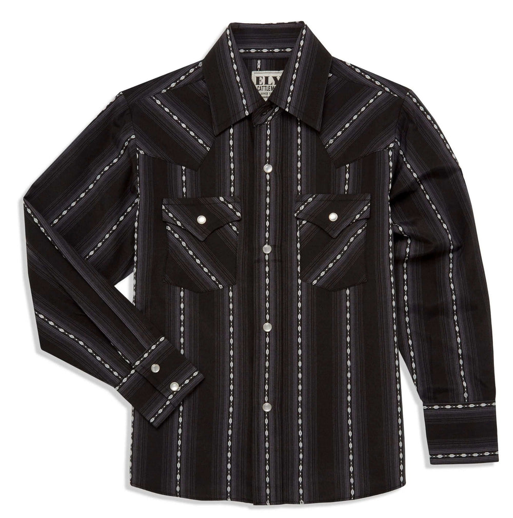 Ely Cattleman Boys Long Sleeve Textured Aztec Stripe Western Snap Shirt Black & Navy - Ely Cattleman - Flyclothing LLC