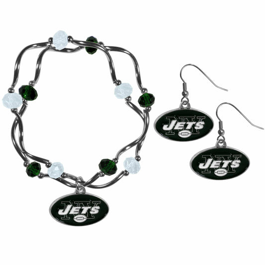 New York Jets Dangle Earrings and Crystal Bead Bracelet Set - Siskiyou Buckle - Flyclothing LLC