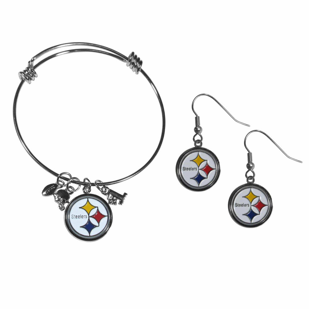 Pittsburgh Steelers Dangle Earrings and Charm Bangle Bracelet Set - Siskiyou Buckle - Flyclothing LLC