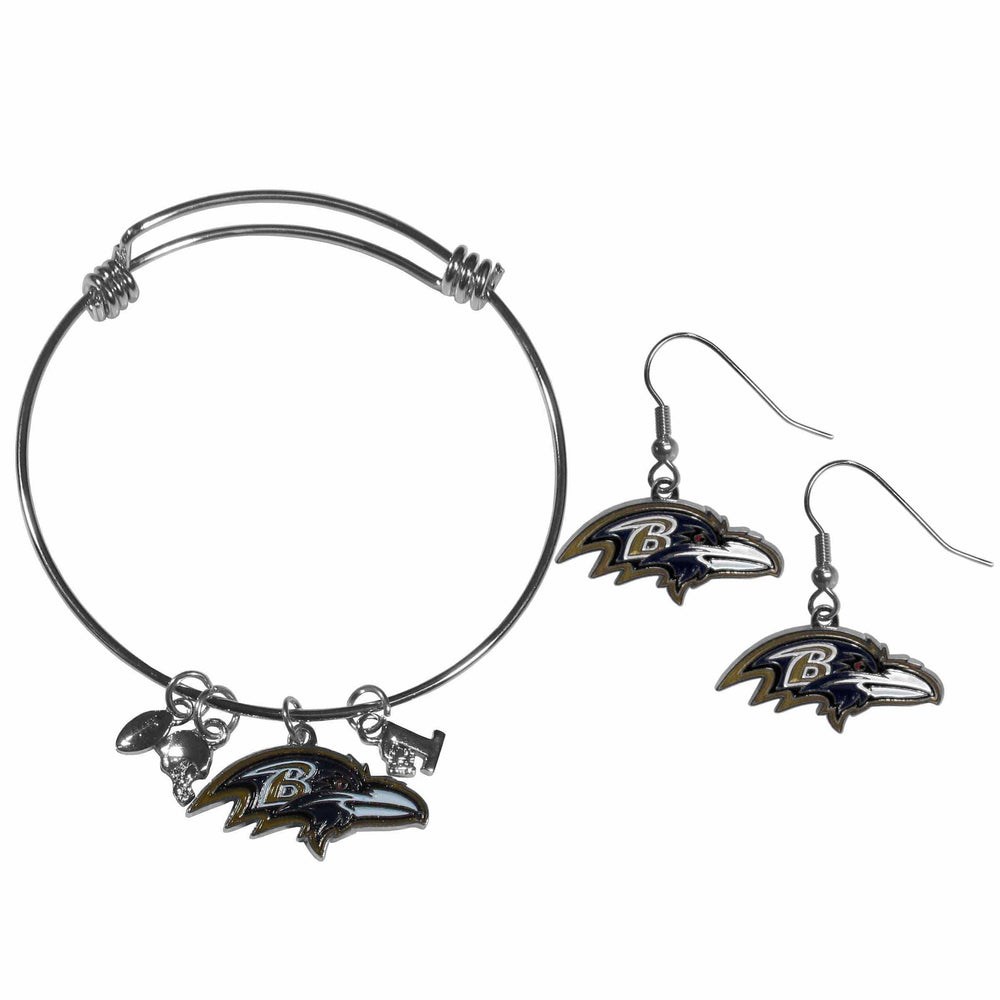 Baltimore Ravens Dangle Earrings and Charm Bangle Bracelet Set - Siskiyou Buckle - Flyclothing LLC