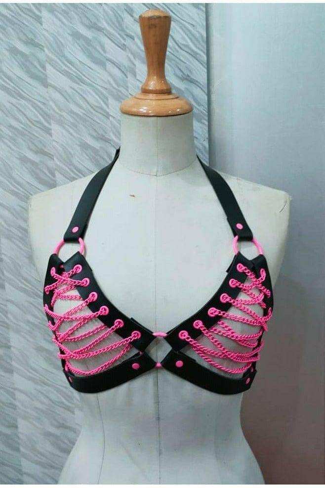 Daisy Corsets Candy Collection - Pink Chain Lace-Up Bra Top Harness - Daisy Corsets - Flyclothing LLC