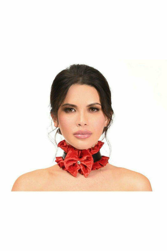 Daisy Corsets Kitten Collection Red Velvet & Faux Leather Choker - Daisy Corsets - Flyclothing LLC