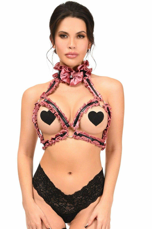Kitten Collection Dusty Rose Velvet Triangle Top Body Harness - Daisy Corsets - Flyclothing LLC