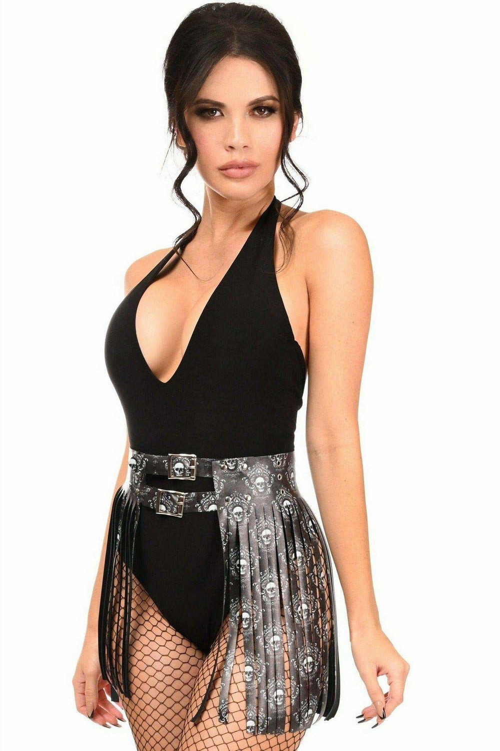 Daisy Corsets Black & White Skull Faux Leather Fringe Skirt - Daisy Corsets - Flyclothing LLC