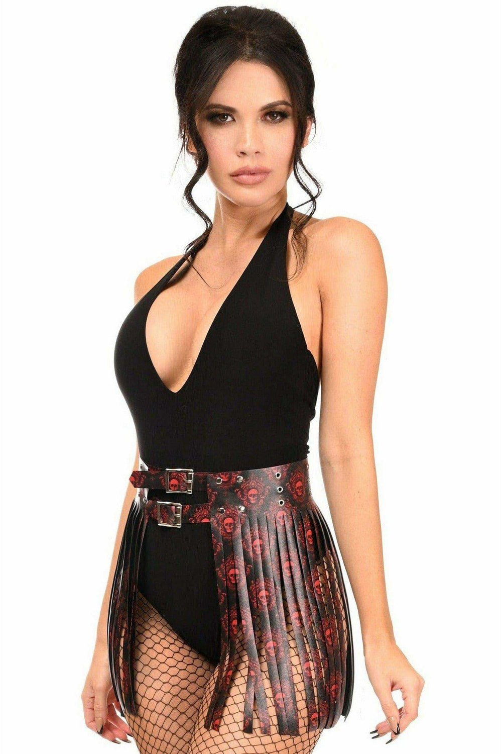 Daisy Corsets Black & Red Skull Faux Leather Fringe Skirt - Daisy Corsets - Flyclothing LLC