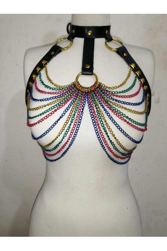 Daisy Corsets Black Faux Leather & Rainbow Metallic Chain Harness - Daisy Corsets - Flyclothing LLC