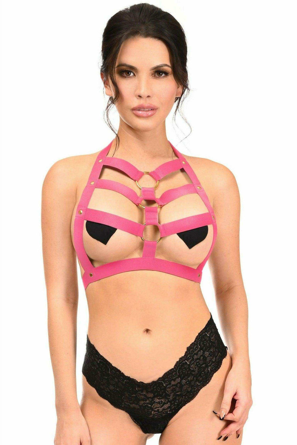 Hot Pink Stretchy Body Harness w/Gold Hardware - Daisy Corsets - Flyclothing LLC