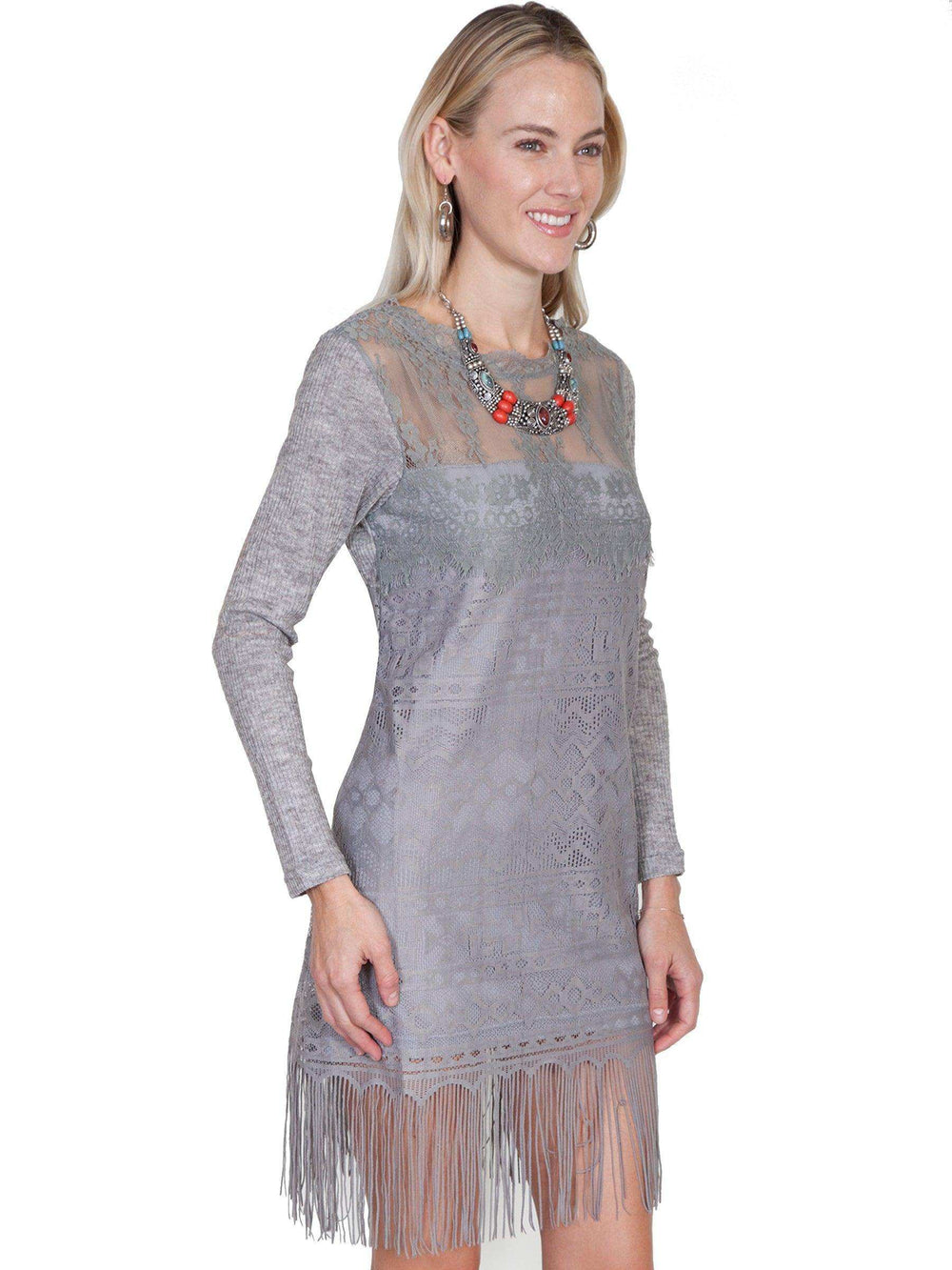 Scully GREY LACE/FRINGE DRESS W/KNIT SLEEVES - Scully Leather - Flyclothing LLC