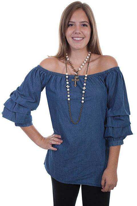 Scully BLUE CABBAGE SLEEVE BLOUSE - Scully Leather - Flyclothing LLC