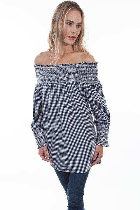Scully BLACK-WHITE GINGHAM CHECK OFF SHOULDER BLOUSE - Scully Leather - Flyclothing LLC