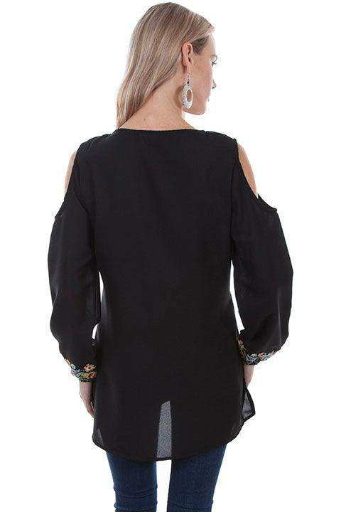 Scully BLACK COLD SHOULDER W/FLORAL Embroidered GEORGETTE Top - Scully Leather - Flyclothing LLC
