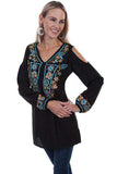 Scully BLACK COLD SHOULDER W/FLORAL Embroidered GEORGETTE Top - Scully Leather - Flyclothing LLC
