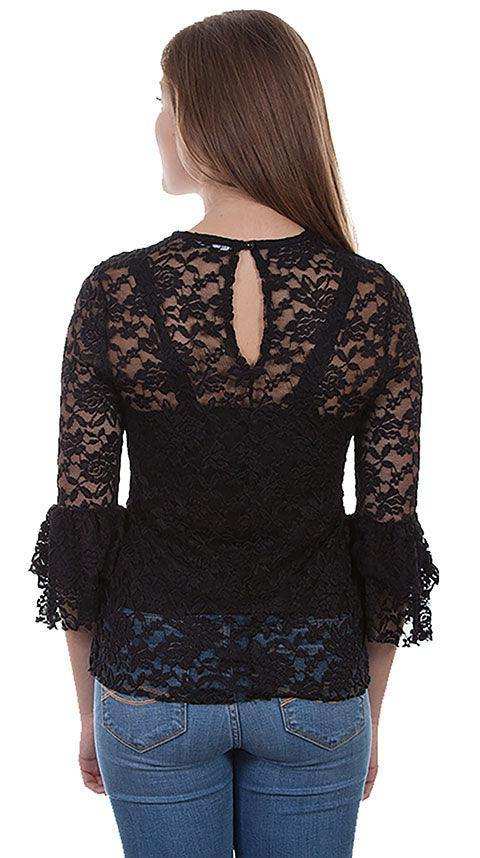 Scully BLACK LACE TOP W/ROSE APPLIQUE - Scully Leather - Flyclothing LLC