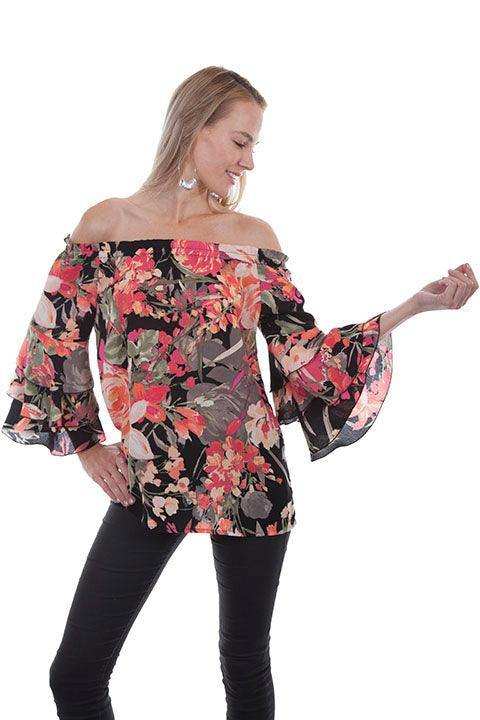 Scully BLACK FLORAL PRINT PEASANT BLOUSE - Scully Leather - Flyclothing LLC